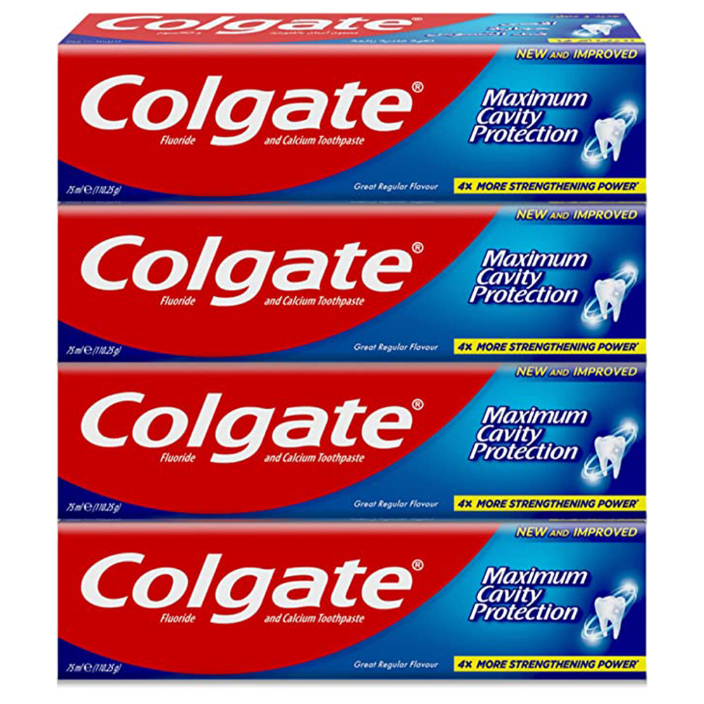Colgate Maximum Cavity Protection Great Regular Flavour Toothpaste - 150Ml - 4 Pack -- معجون أسنان بحماية قصوى من التسوس بنكهة عادية من كولجيت - 150 مل - 4 عبوات Colgate Maximum Cavity Protection Great Regular Flavour Toothpaste - 150Ml - 4 Pack -- معجون أسنان بحماية قصوى من التسوس بنكهة عادية من كولجيت - 150 مل - 4 عبوات