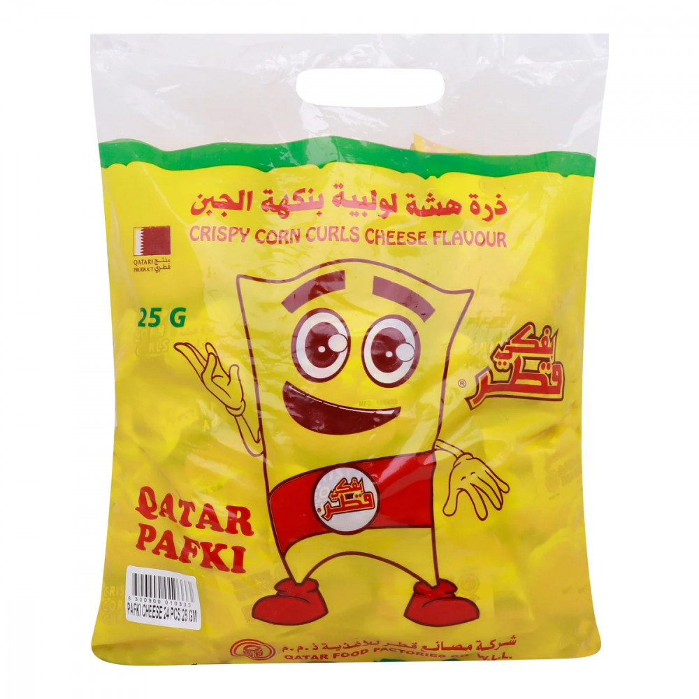 Qatar Pafki Crispy Corn Curls Cheese Flavour 24 x 25 g -- قطر بافكي - ذرة مقرمشة بنكهة الجبنة 24 × 25 جم